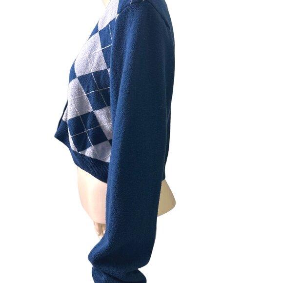 Aeropostale Light Blue Navy Blue Argyle Style Crop Top Cardigan Sweater Size XLG - Picture 4 of 8